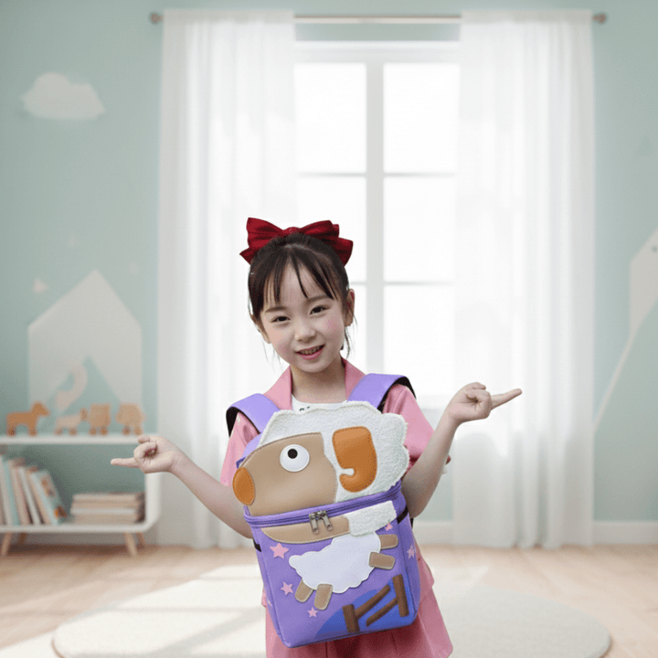 Kids 3D Animal BackpackKids BagsCRAFTY CUDDLEChild holding a cartoon backpack in a room with light blue walls and wooden floor.PinkKidsBackpack AnimalBackpack PreschoolBag ToddlerBackpack CartoonSchoolBag KindergartenBag MiniBackpackForKids CuteKidsBag SchoolBagForGirls SchoolBagForBoys