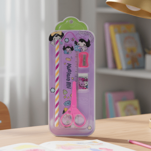 Kids 5 - Piece Cartoon Stationery SetStationery SetsCRAFTY CUDDLEChildren's scissors and ruler set in packaging on a table with books in the backgroundKittykidsstationery cutestationery schoolsupplies backtoschool stationerylove cartoonstationery kawaiistationery kidsgifts returngifts studentessentials stationeryshop creativekids schoolessentials giftideasforkids trendingproducts shopnow