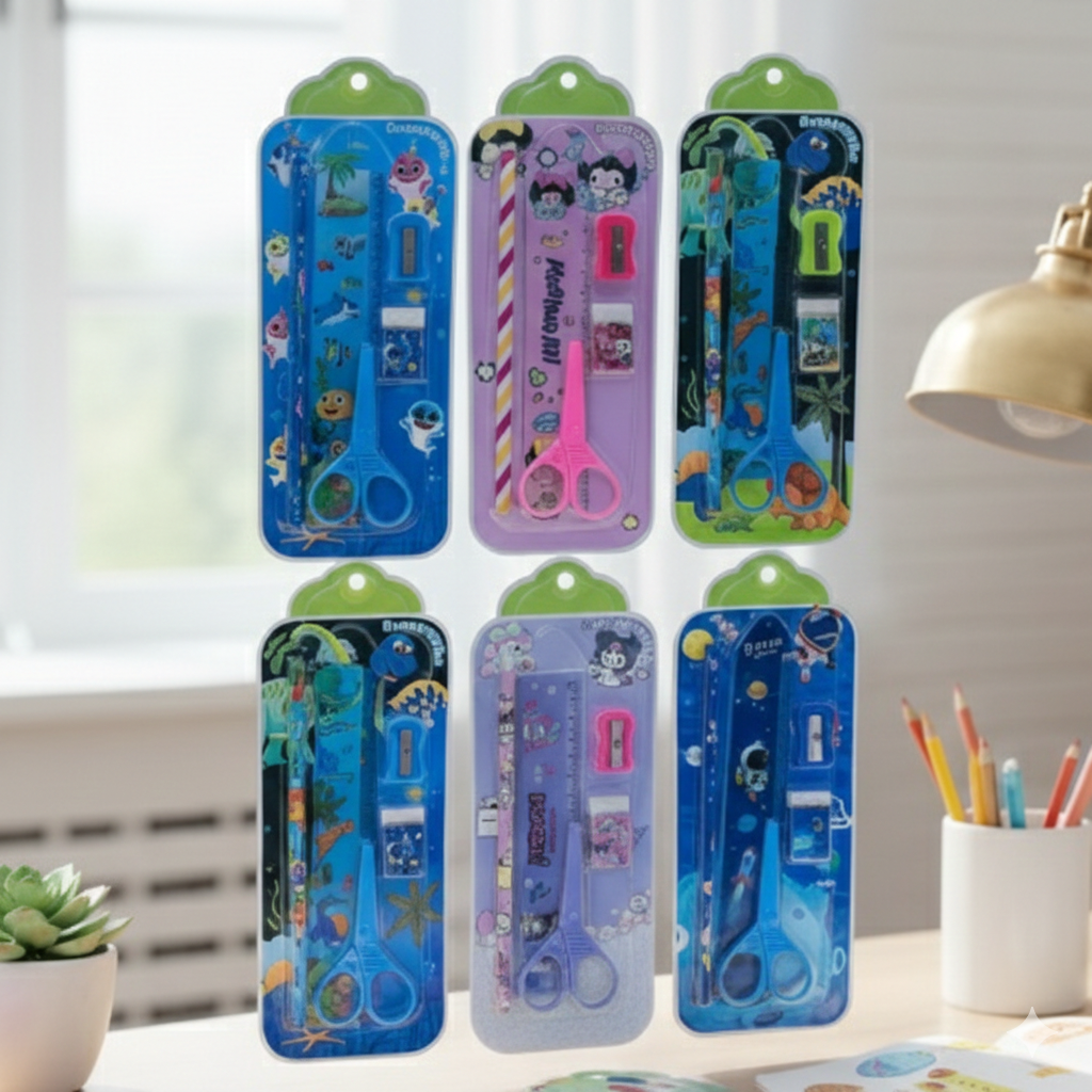 Kids 5 - Piece Cartoon Stationery SetStationery SetsCRAFTY CUDDLESet of six children's stationery sets in colorful packaging on a desk.Pack of 6kidsstationery cutestationery schoolsupplies backtoschool stationerylove cartoonstationery kawaiistationery kidsgifts returngifts studentessentials stationeryshop creativekids schoolessentials giftideasforkids trendingproducts shopnow