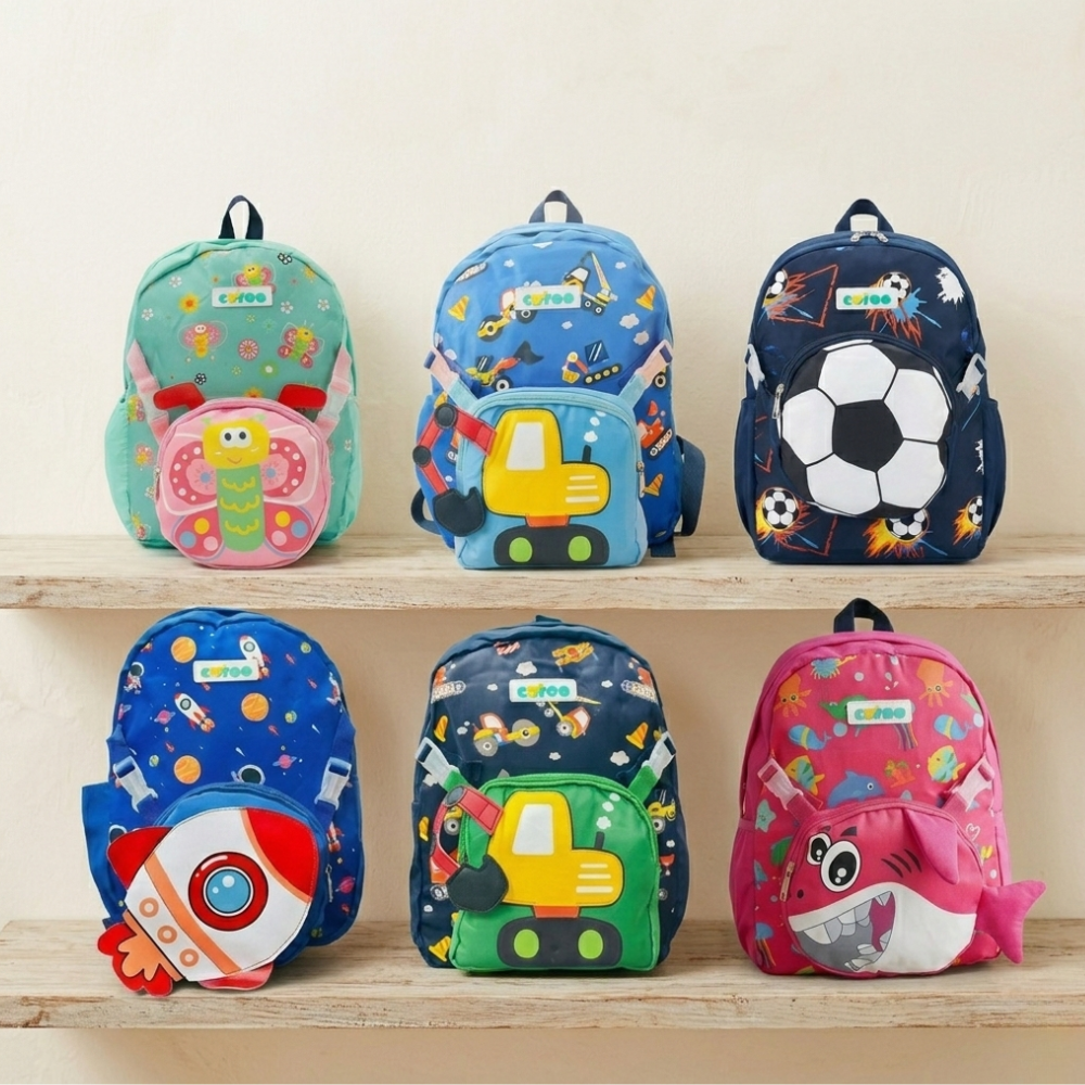 Kids Cartoon Backpack with Detachable Sling BagKids BagsCRAFTY CUDDLESet of colorful children's backpacks with various patterns on a wooden shelf.Vehicle BlueKidsBackpack CartoonSchoolBag NurseryBag PreschoolBackpack ToddlerSchoolBag SchoolBagForKids LightweightBackpack KidsTravelBag KindergartenBag BackpackWithSling