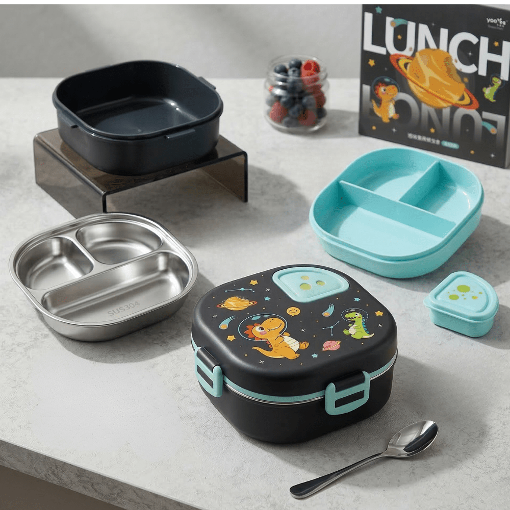 Kids Cartoon Stainless Steel Bento Lunch BoxStainless Steel Lunch BoxCrafty CuddleCollection of lunch containers and a spoon on a light gray surface with a &