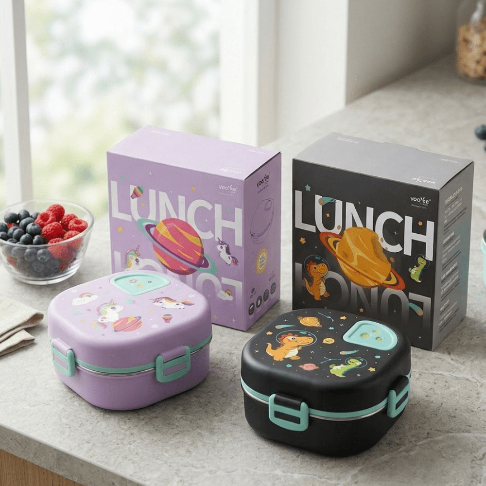 Kids Cartoon Stainless Steel Bento Lunch BoxStainless Steel Lunch BoxCrafty CuddleTwo lunch boxes, one purple and one black with cartoon designs, on a surface with a &