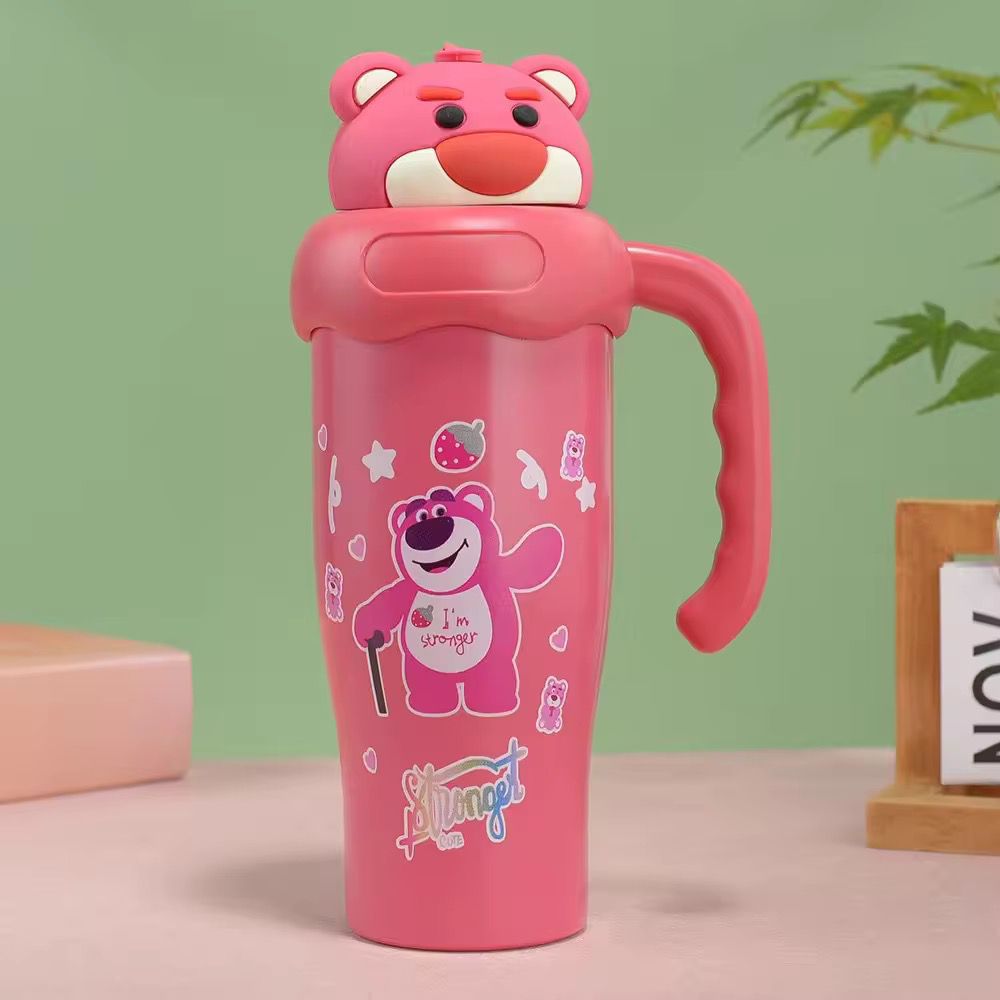 Kids Cartoon Stainless Steel Insulated Sipper BottleTumblersCRAFTY CUDDLEPink bear - shaped water bottle with a green backgroundHot Pink BearKidsWaterBottle CartoonBottle StainlessSteelBottle 1000mlBottle SchoolWaterBottle SipperBottle LeakproofBottle KidsEssentials BackToSchool ReusableBottle