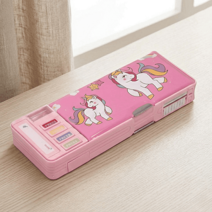 Kids Dual Sided Magnetic Pencil BoxPencil BoxCrafty CuddlePink pencil case with unicorn design on a wooden surfacepinkPencilBox KidsStationery MagneticPencilCase DualSidedPencilBox UnicornStationery SpaceTheme SchoolEssentials StationeryLovers KidsSchoolSupplies CuteStationery