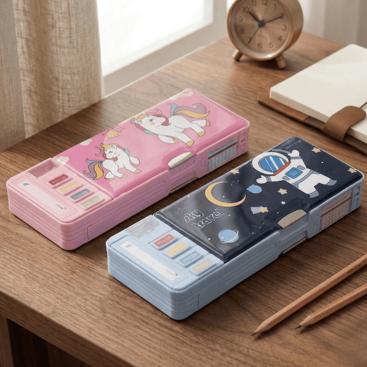 Kids Dual Sided Magnetic Pencil BoxPencil BoxCrafty CuddleTwo colorful pencil cases on a wooden desk with stationery items.pinkPencilBox KidsStationery MagneticPencilCase DualSidedPencilBox UnicornStationery SpaceTheme SchoolEssentials StationeryLovers KidsSchoolSupplies CuteStationery