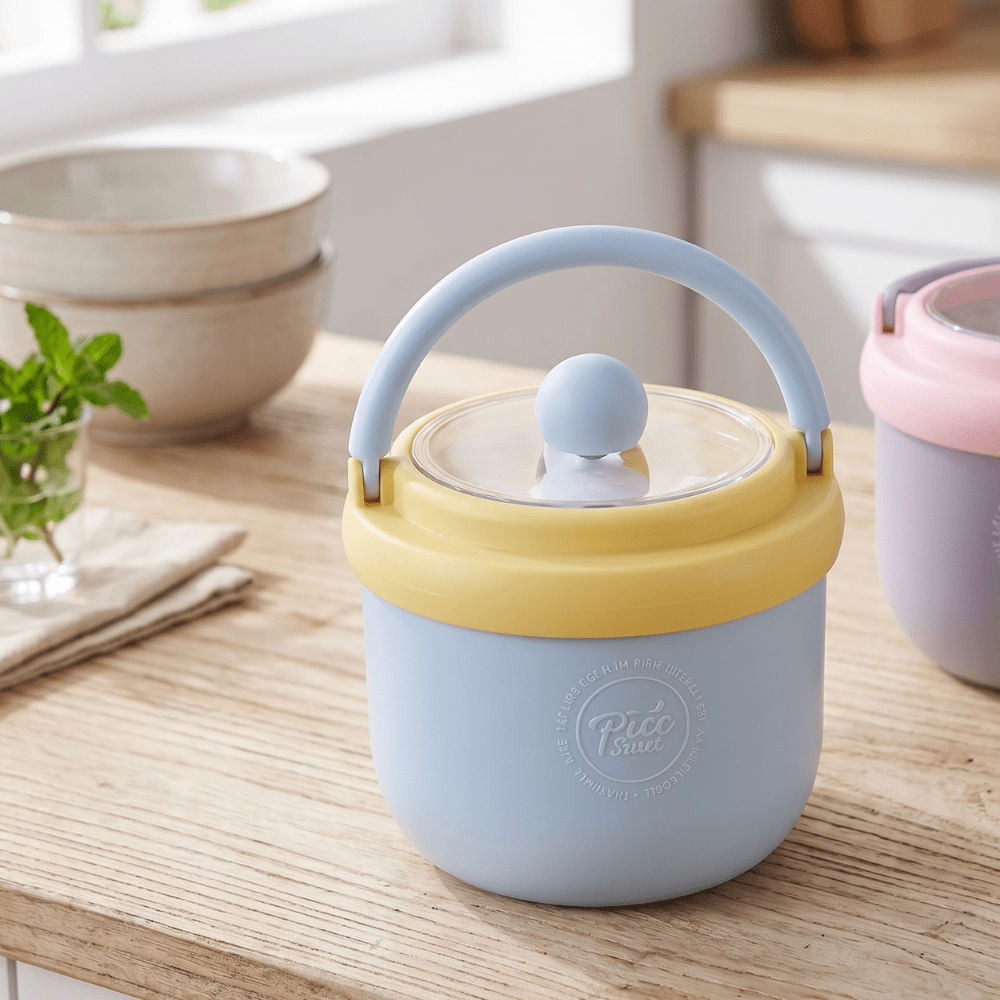 Kids Insulated Soup Lunch Box with HandleStainless Steel Lunch BoxCrafty CuddlePastel - colored container with a handle on a wooden surface, with &