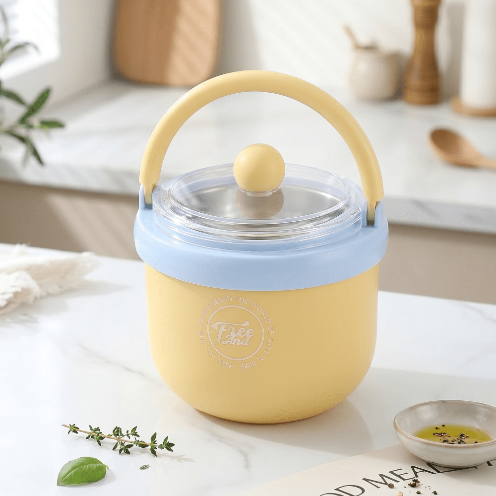 Kids Insulated Soup Lunch Box with HandleStainless Steel Lunch BoxCrafty CuddleYellow food storage container with a blue lid on a kitchen counter.YellowKidsLunchBox InsulatedLunchBox FoodJar SoupContainer KidsEssentials SchoolLunch LunchBoxIdeas HotLunch TiffinBox KidsMeal