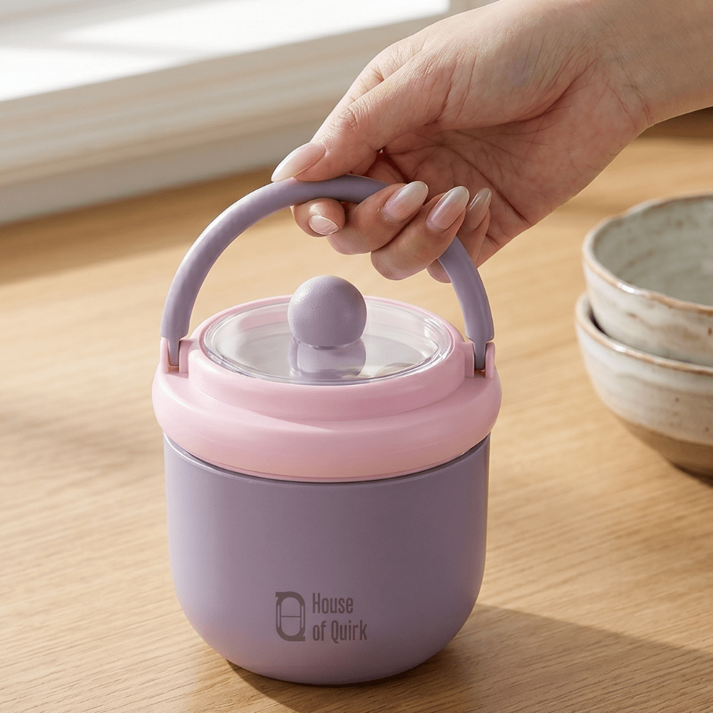 Kids Insulated Soup Lunch Box with HandleStainless Steel Lunch BoxCrafty CuddlePink and purple lunch box with a handle held by a hand on a wooden surface, with &