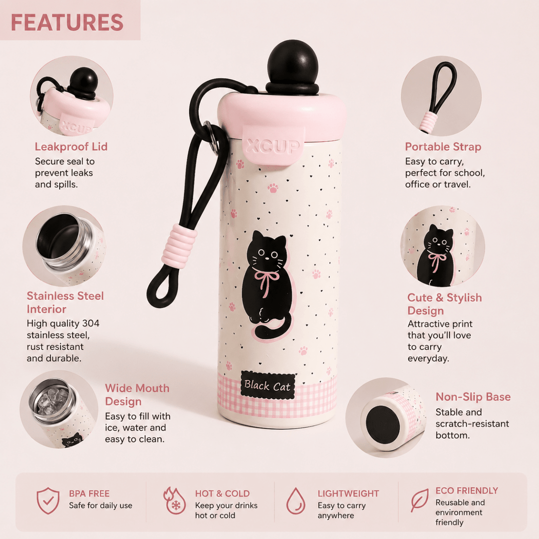 Kids Insulated Water BottleCartoon Kids Water BottleCrafty CuddleA pink and white insulated water bottle with a black cat illustration, shown in the center with multiple circular feature callouts and text around it on a pale pink background. The bottle has a black cat graphic, pink gingham trim, a black cap, and a black carry strap with a pink loop.RedStainlessSteelBottle InsulatedBottle WaterBottle KidsWaterBottle LeakproofBottle ReusableBottle SchoolEssentials TravelBottle HydrationOnTheGo Cut