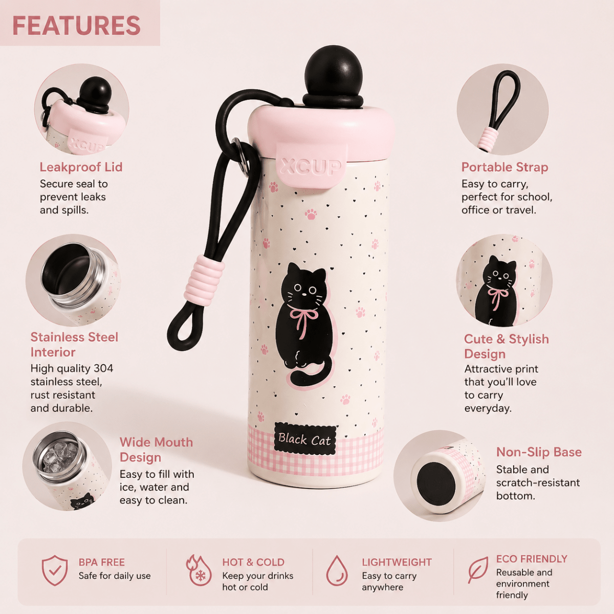 Kids Insulated Water BottleCartoon Kids Water BottleCrafty CuddleA pink and white insulated water bottle with a black cat illustration, shown in the center with multiple circular feature callouts and text around it on a pale pink background. The bottle has a black cat graphic, pink gingham trim, a black cap, and a black carry strap with a pink loop.RedStainlessSteelBottle InsulatedBottle WaterBottle KidsWaterBottle LeakproofBottle ReusableBottle SchoolEssentials TravelBottle HydrationOnTheGo Cut