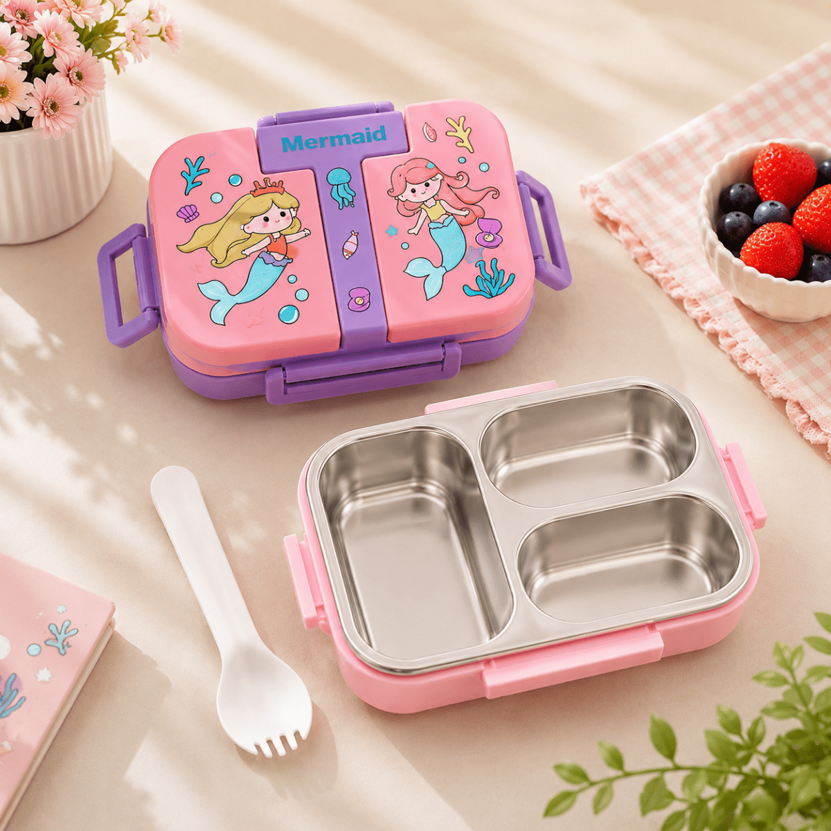 Kids School Meal BoxStainless Steel Lunch BoxCrafty CuddleKids School Meal BoxPink (Mermaid)KidsLunchBox BentoLunchBox SchoolEssentials BackToSchool KidsTiffinBox LunchBoxForKids HealthyLunchIdeas SchoolLunch KidsProducts CraftyCuddleStationeryAddict