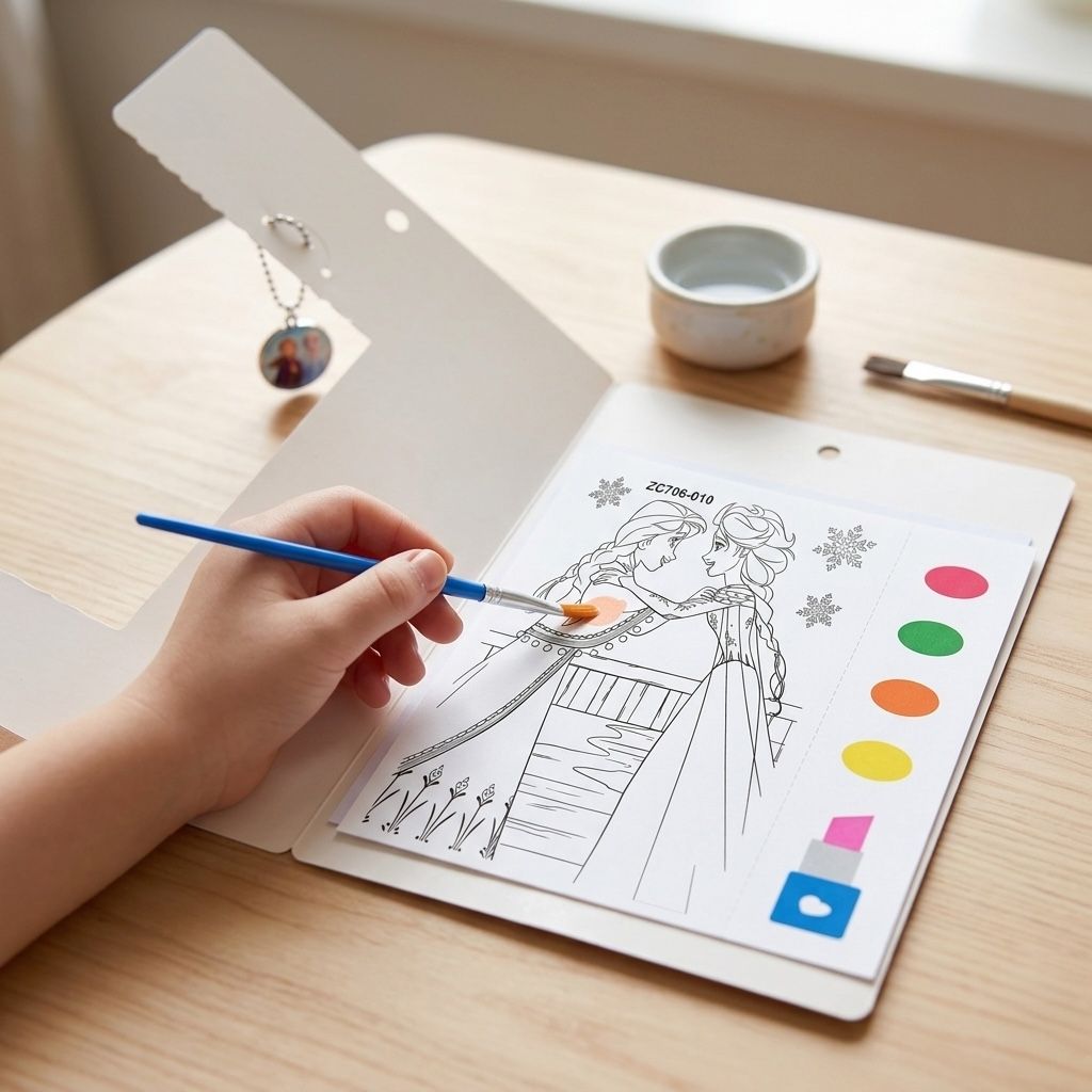 Kids Watercolor Painting Cards SetPainting KitCrafty CuddlePerson coloring a picture of a princess with a color guide on a wooden table.KidsArt KidsCrafts ArtAndCraftForKids CreativeLearning PaintingForKids KidsActivity EducationalToys ScreenFreePlay GiftForKids CraftyCuddleStationeryAddict