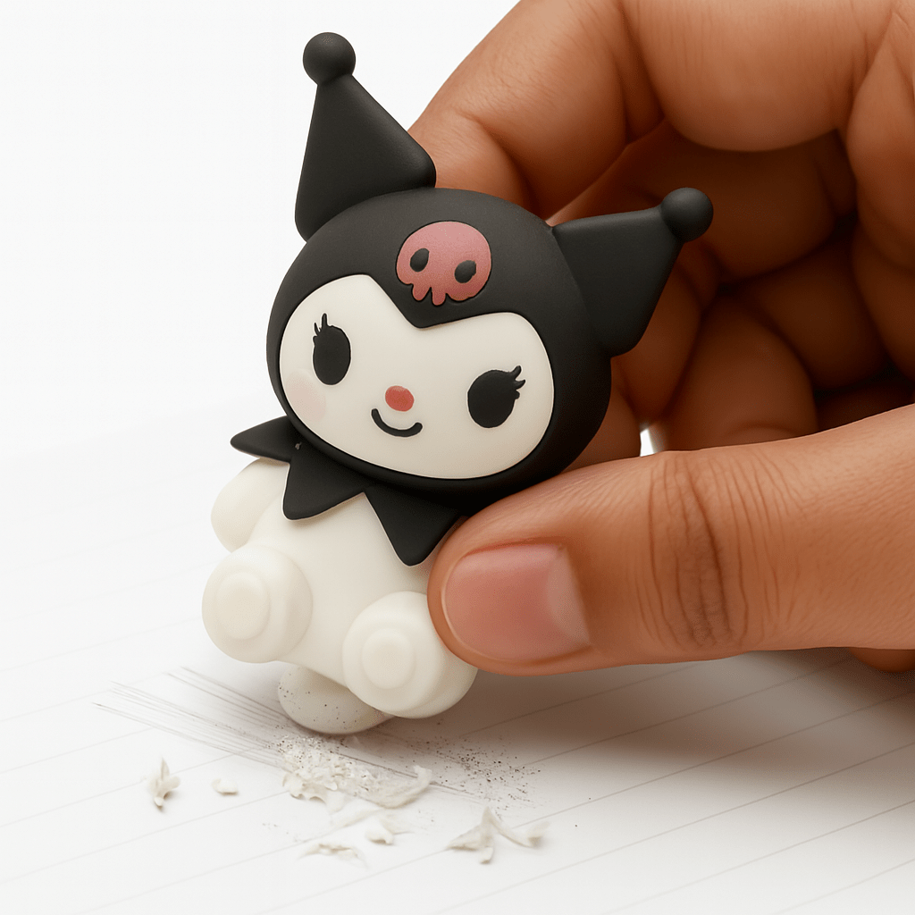 Kuromi 2 - in - 1 Sharpener and EraserStationery > Erasers &amp; SharpenersCRAFTY CUDDLESmall black, white, and pink eraser held by a hand on a light background2in1SharpenerEraserAnimeStationery