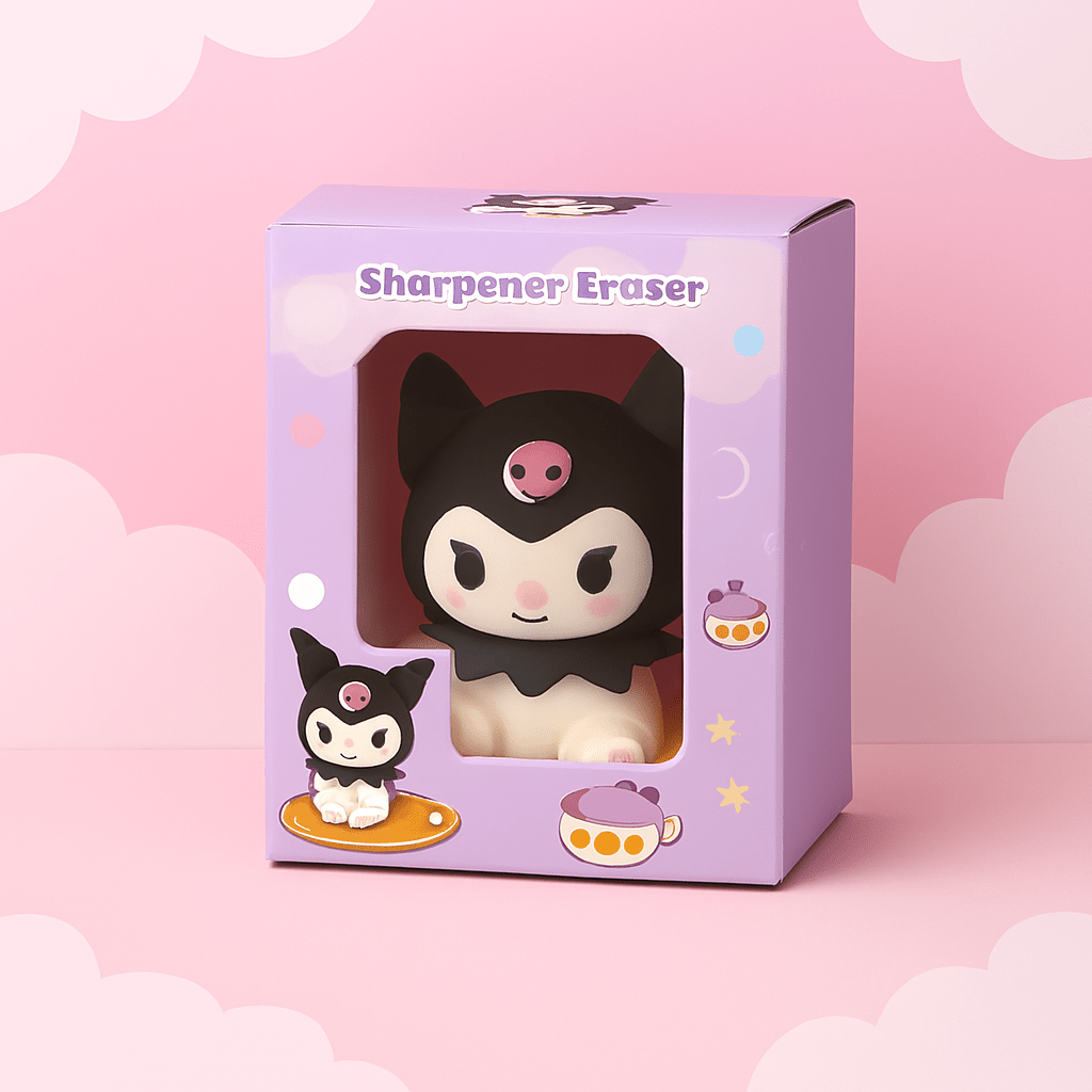 Kuromi 2 - in - 1 Sharpener and EraserStationery > Erasers & SharpenersCRAFTY CUDDLEKawaii character figurine in a purple box with 'Sharpener Eraser' text on a pink background2in1SharpenerEraserAnimeStationery