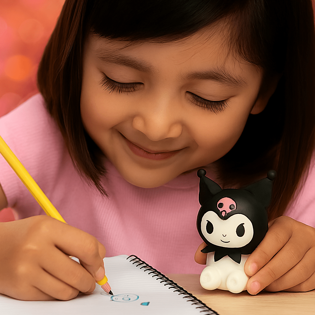 Kuromi 2 - in - 1 Sharpener and EraserStationery > Erasers &amp; SharpenersCRAFTY CUDDLEChild drawing with a pencil, holding a cartoon character figurine, on a blurred warm - toned background2in1SharpenerEraserAnimeStationery