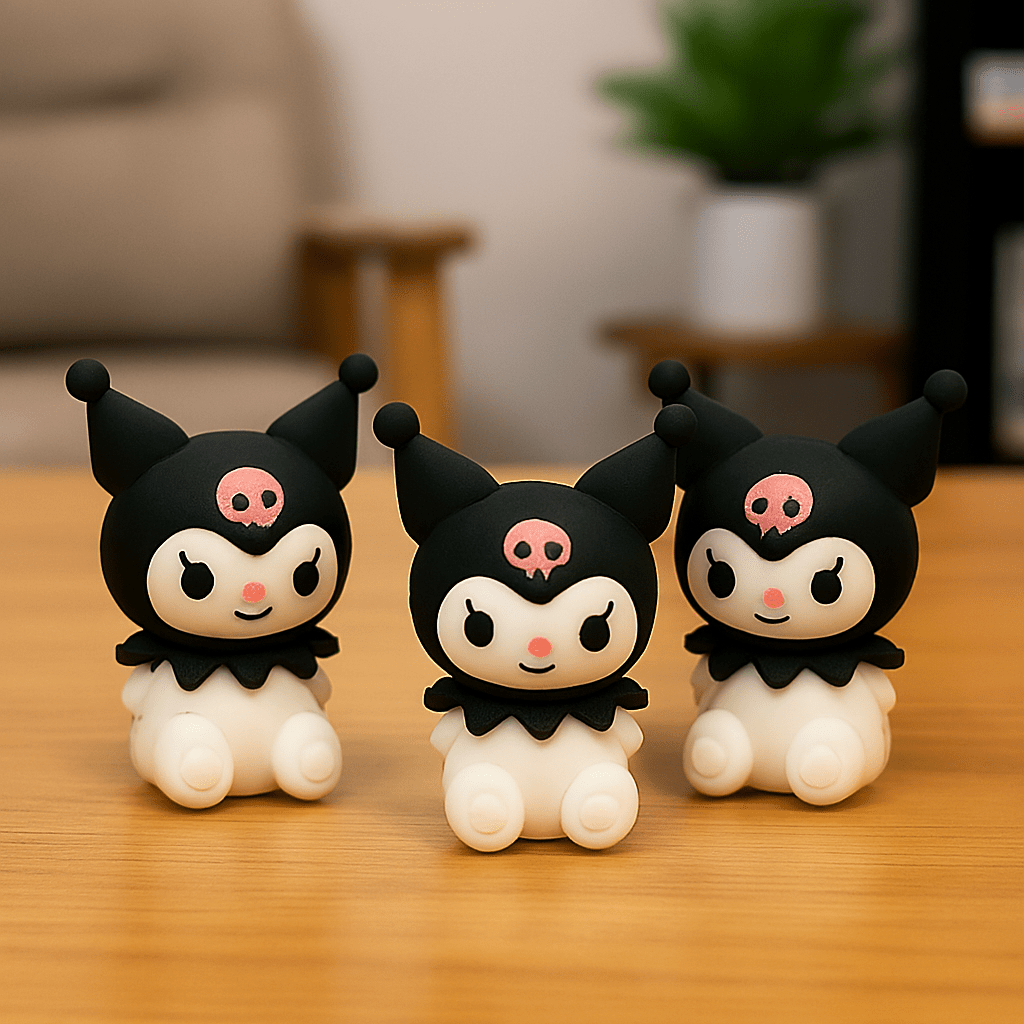 Kuromi 2 - in - 1 Sharpener and EraserStationery > Erasers &amp; SharpenersCRAFTY CUDDLEThree black and white cartoon - like erasers with pink cheeks on a wooden surface.2in1SharpenerEraserAnimeStationery