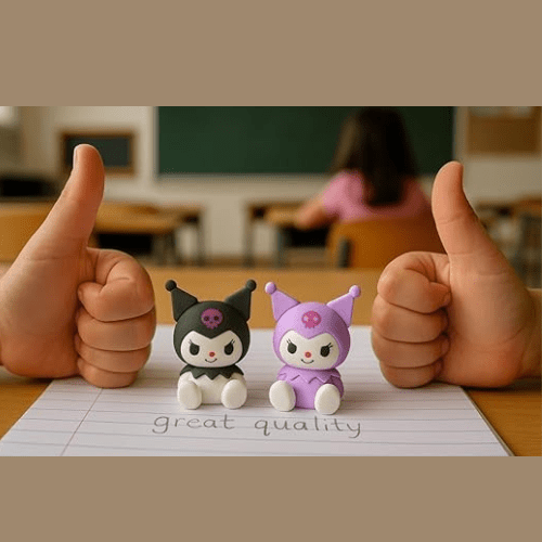 Kuromi EraserErasersCRAFTY CUDDLETwo thumbs up in a classroom setting with two small figurines and the text 'great quality' on a piece of paper.1animeerasersbacktoschoolsupplies