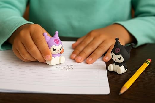 Kuromi EraserErasersCRAFTY CUDDLEPerson using cartoon erasers on a piece of paper with a pencil nearby.1animeerasersbacktoschoolsupplies