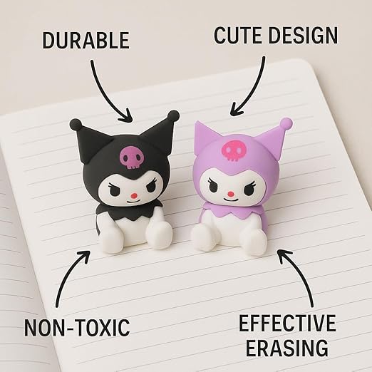 Kuromi EraserErasersCRAFTY CUDDLETwo cartoon erasers on a notebook with attributes listed above them.1animeerasersbacktoschoolsupplies