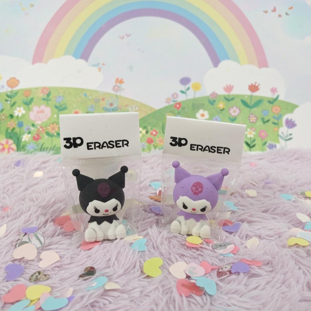 Kuromi EraserErasersCRAFTY CUDDLETwo 3D erasers with cards labeled '3D Eraser' against a colorful background with a rainbow and flowers.1animeerasersbacktoschoolsupplies