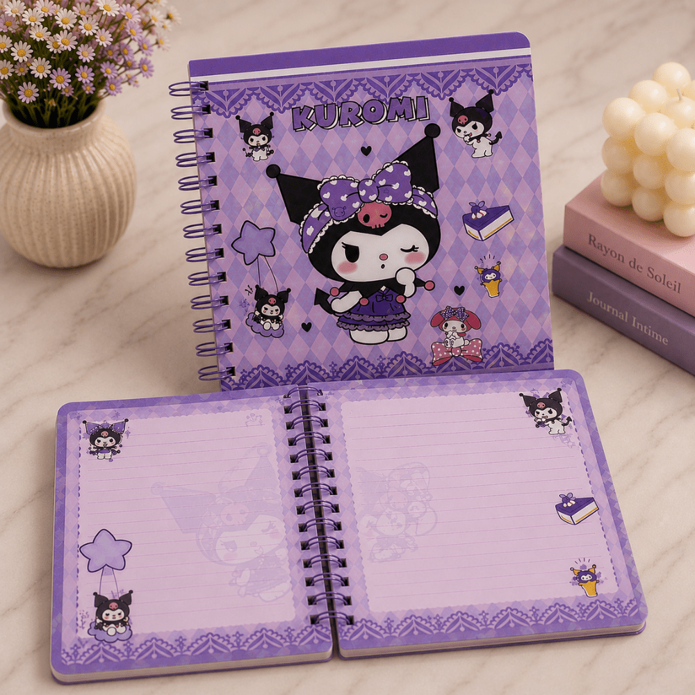 Kuromi Spiral Diary with Mini Keychain NotebookDiaryCrafty CuddlePurple notebook with cartoon character design on a wooden surface with decorative items.KawaiiDiary CuteStationery PurpleNotebook AestheticJournal SpiralDiary GirlsStationery CuteNotebook KawaiiNotebook JournalLover SchoolSuppliesStationeryAddict
