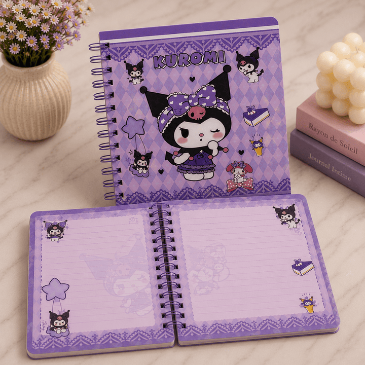 Kuromi Spiral Diary with Mini Keychain NotebookDiaryCrafty CuddlePurple notebook with cartoon character design on a wooden surface with decorative items.KawaiiDiary CuteStationery PurpleNotebook AestheticJournal SpiralDiary GirlsStationery CuteNotebook KawaiiNotebook JournalLover SchoolSuppliesStationeryAddict