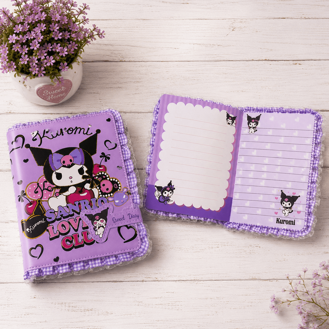 Kuromi Sweet Diary with Magnetic ClosureDiaryCrafty CuddlePurple notepad with cartoon character design on a wooden surface with flowers.KuromiDiary KawaiiStationery CuteDiary JournalLovers StationeryAddict DiaryCollection NotebookLove AestheticStationery CuteOfficeSupplies GiftForGirlsStationeryAddict