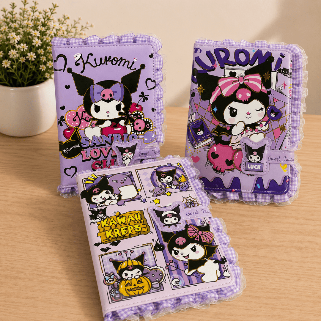 Kuromi Sweet Diary with Magnetic ClosureDiaryCrafty CuddleThree purple diaries with cartoon character designs on a wooden surface.KuromiDiary KawaiiStationery CuteDiary JournalLovers StationeryAddict DiaryCollection NotebookLove AestheticStationery CuteOfficeSupplies GiftForGirlsStationeryAddict