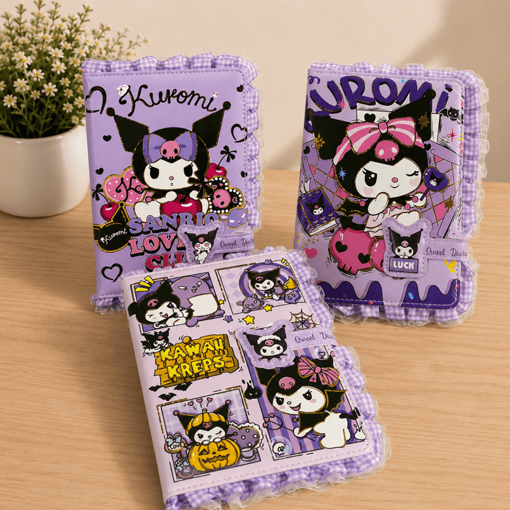 Kuromi Sweet Diary with Magnetic ClosureDiaryCrafty CuddleThree purple diaries with cartoon character designs on a wooden surface.KuromiDiary KawaiiStationery CuteDiary JournalLovers StationeryAddict DiaryCollection NotebookLove AestheticStationery CuteOfficeSupplies GiftForGirlsStationeryAddict