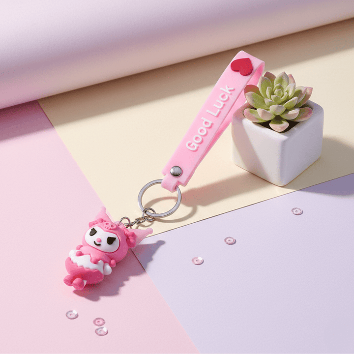 Kuromi Theme Keychain with StrapKeychainsCRAFTY CUDDLEPink keychain with cartoon character and &