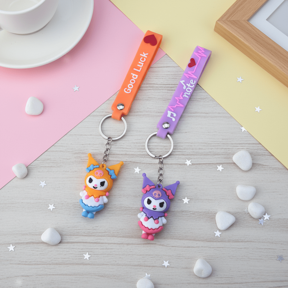 Kuromi Theme Keychain with StrapKeychainsCRAFTY CUDDLETwo cartoon character keychains on a wooden surface with decorative elements.1CuteKeychain GothicBunny KawaiiAccessories GirlsBagCharm CartoonKeyring ReturnGifts BackpackAccessory TrendyKeychains SiliconeKeychain GiftForGirls