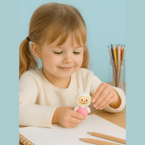 Labubu ErasersErasersCRAFTY CUDDLEChild holding a small toy figure with a smiley face, sitting at a table with pencils.1CharacterErasersCuteErasers