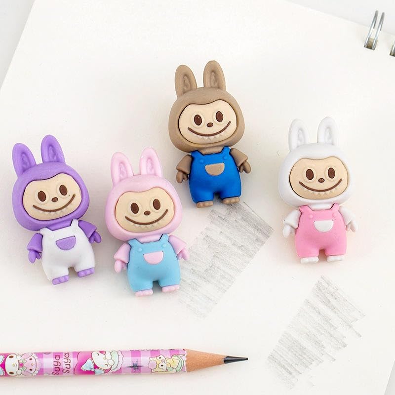 Four colorful cartoon character erasers on a white background with a pencil.