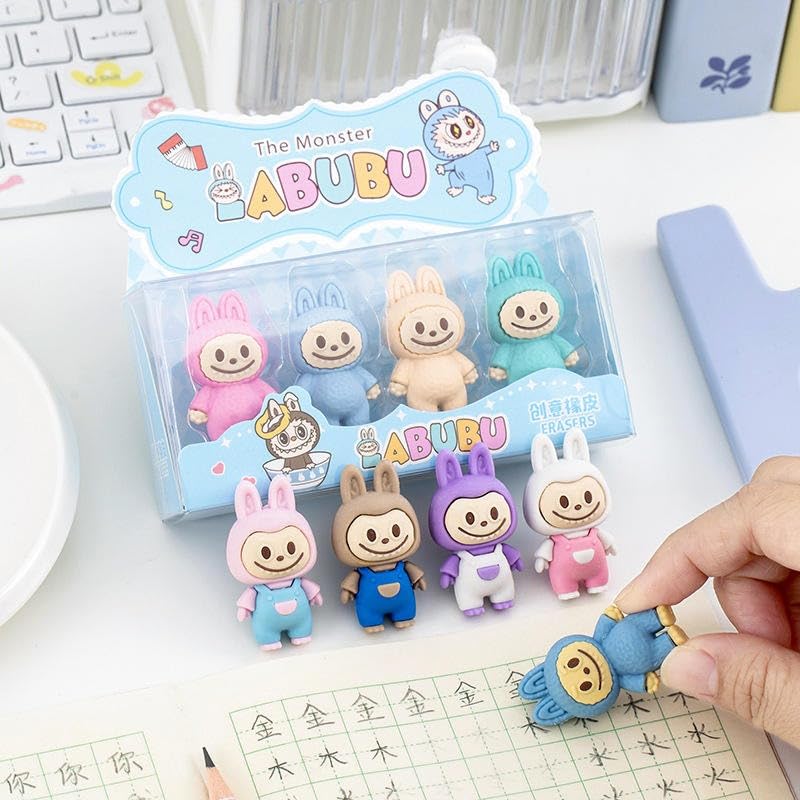 Set of cartoon character erasers in packaging with a hand holding one.