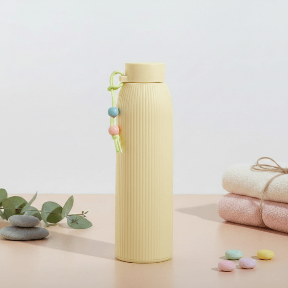 Leak Proof Mini Glass BottleCartoon Kids Water BottleCRAFTY CUDDLEBeige ribbed water bottle with decorative elements on a light backgroundYellow330mlBottle GlassWaterBottle MiniWaterBottle LeakProofBottle SiliconeSleeveBottle TravelWaterBottle OfficeWaterBottle ReusableBottle PastelBottle EcoFriendlyBottle