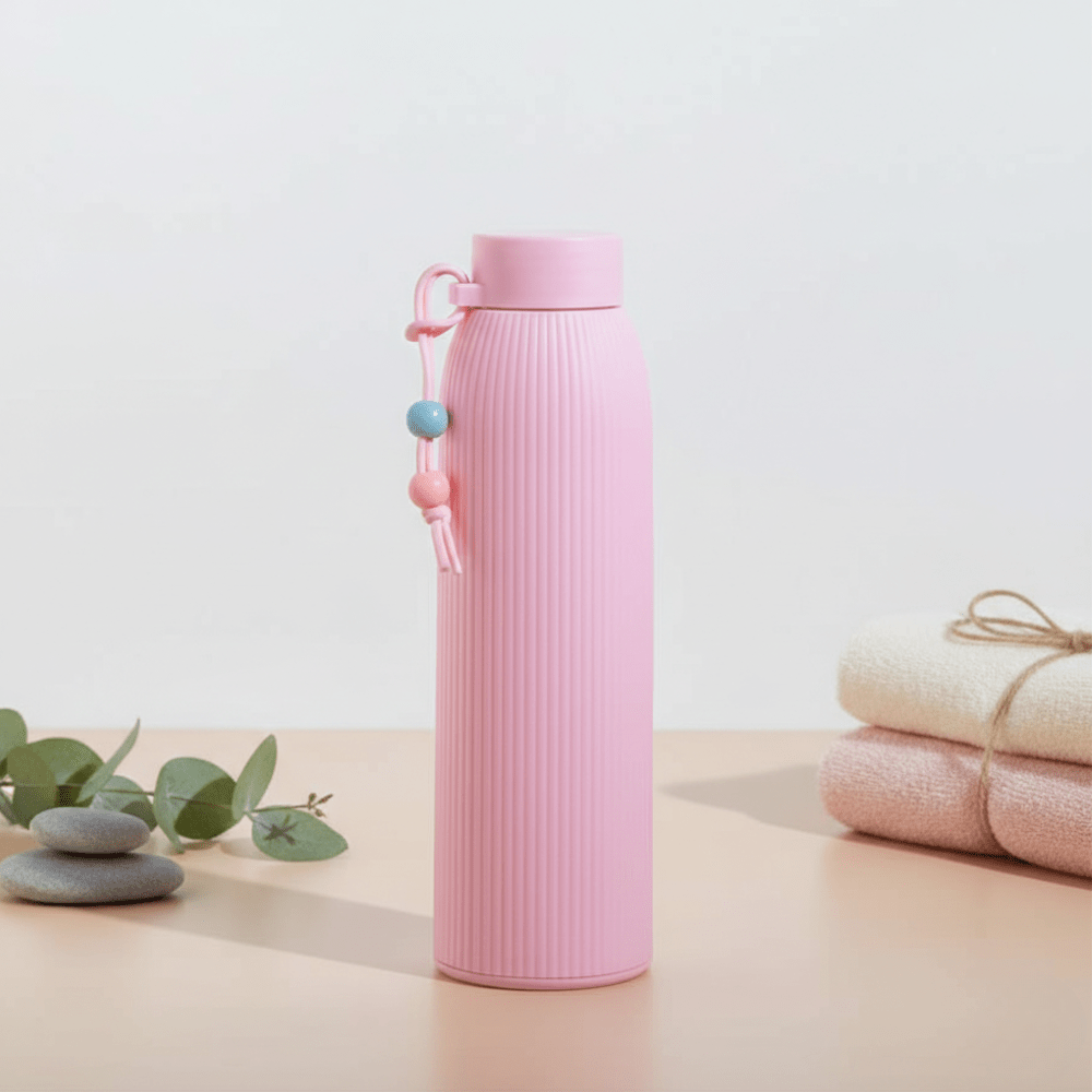 Leak Proof Mini Glass BottleCartoon Kids Water BottleCRAFTY CUDDLEPink water bottle with a decorative element on a light backgroundPink330mlBottle GlassWaterBottle MiniWaterBottle LeakProofBottle SiliconeSleeveBottle TravelWaterBottle OfficeWaterBottle ReusableBottle PastelBottle EcoFriendlyBottle