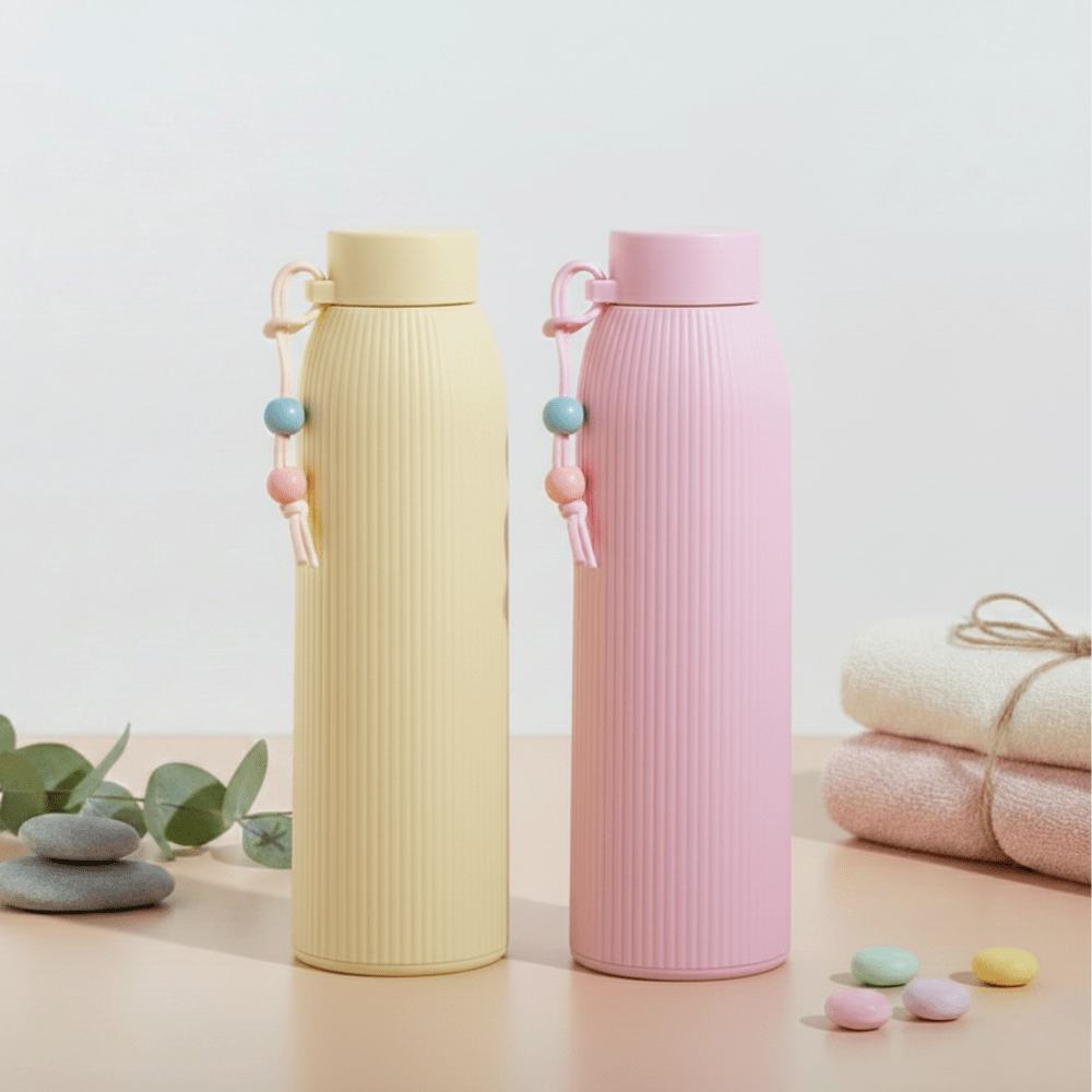 Leak Proof Mini Glass BottleCartoon Kids Water BottleCRAFTY CUDDLETwo pastel - colored water bottles on a light background with decorative elements.Yellow330mlBottle GlassWaterBottle MiniWaterBottle LeakProofBottle SiliconeSleeveBottle TravelWaterBottle OfficeWaterBottle ReusableBottle PastelBottle EcoFriendlyBottle