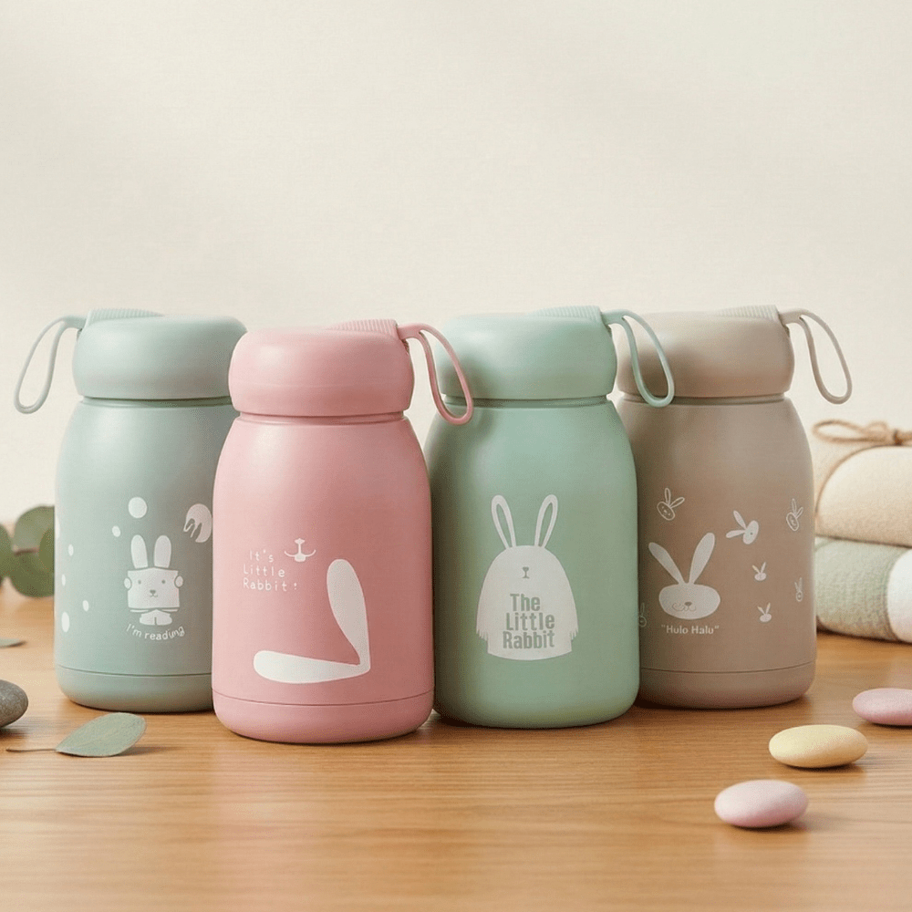 Leak Proof Rabbit Print Glass BottleCartoon Kids Water BottleCrafty CuddleFour colorful thermos bottles with rabbit designs on a wooden surface.BeigeKidsGlassBottle 350mlBottle GlassWaterBottle RabbitPrintBottle LeakProofBottle SiliconeCoverBottle ToddlerWaterBottle SchoolWaterBottle BPAFreeBottle ReusableBottle