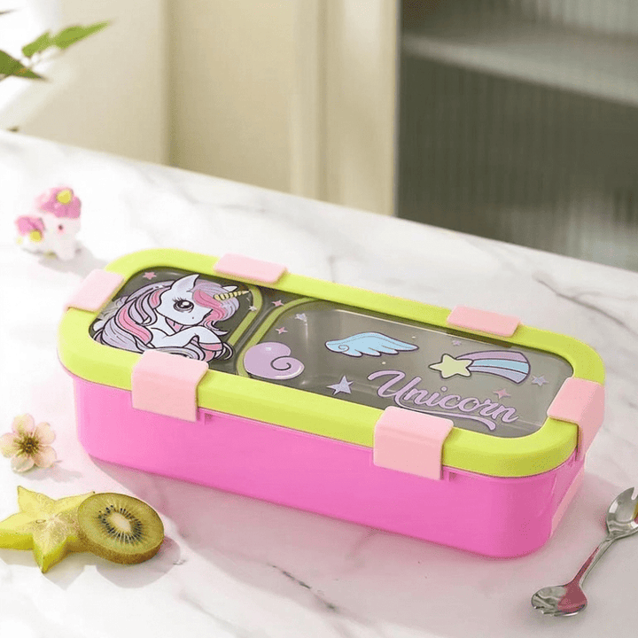Leakproof Bento Box with Spoon ForkStainless Steel Lunch BoxCrafty CuddlePink and green lunch box with unicorn design on a white surfaceUnicorn