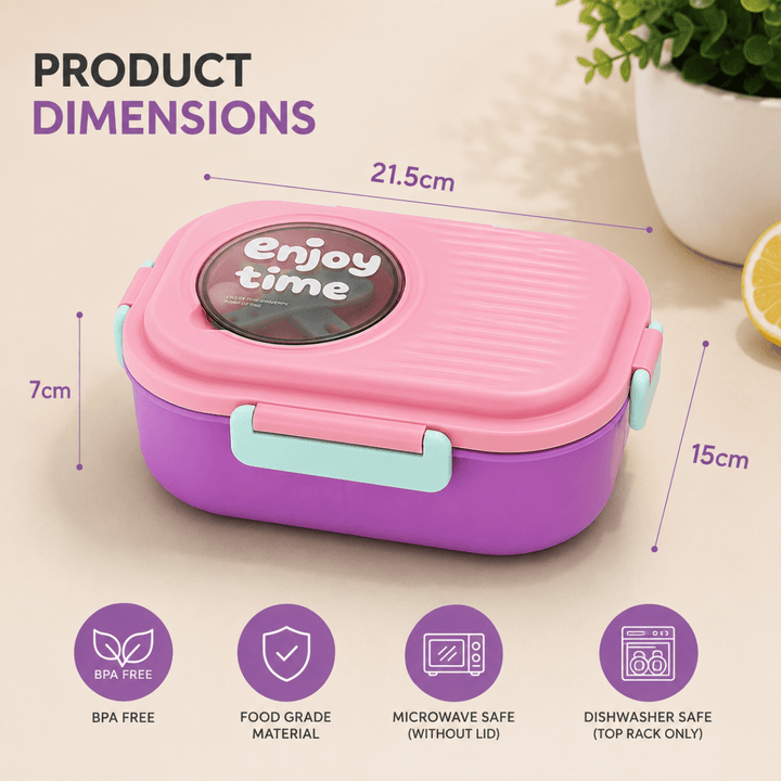 Leakproof Bento Lunch BoxStainless Steel Lunch BoxCrafty CuddleA pink and purple lunch box with a clear lid window reading &