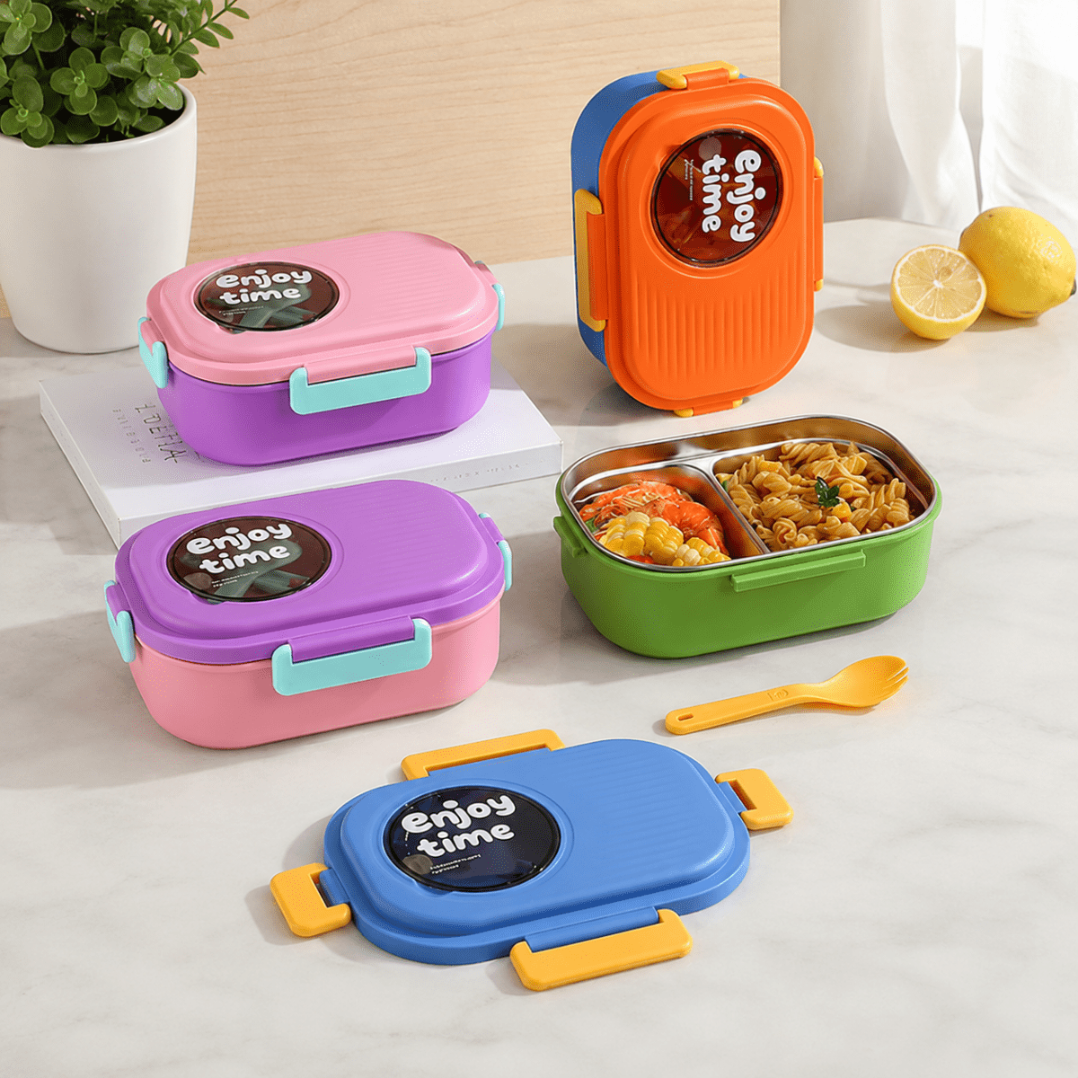 Leakproof Bento Lunch BoxStainless Steel Lunch BoxCrafty CuddleFour colorful stainless steel lunch boxes with matching lids are arranged on a light marble surface. One lunch box is open and filled with food, while the others are closed.OrangeLunchBox BentoBox StainlessSteelLunchBox LeakproofLunchBox KidsLunchBox TiffinBox SchoolEssentials OfficeLunch KitchenEssentials LunchGoals