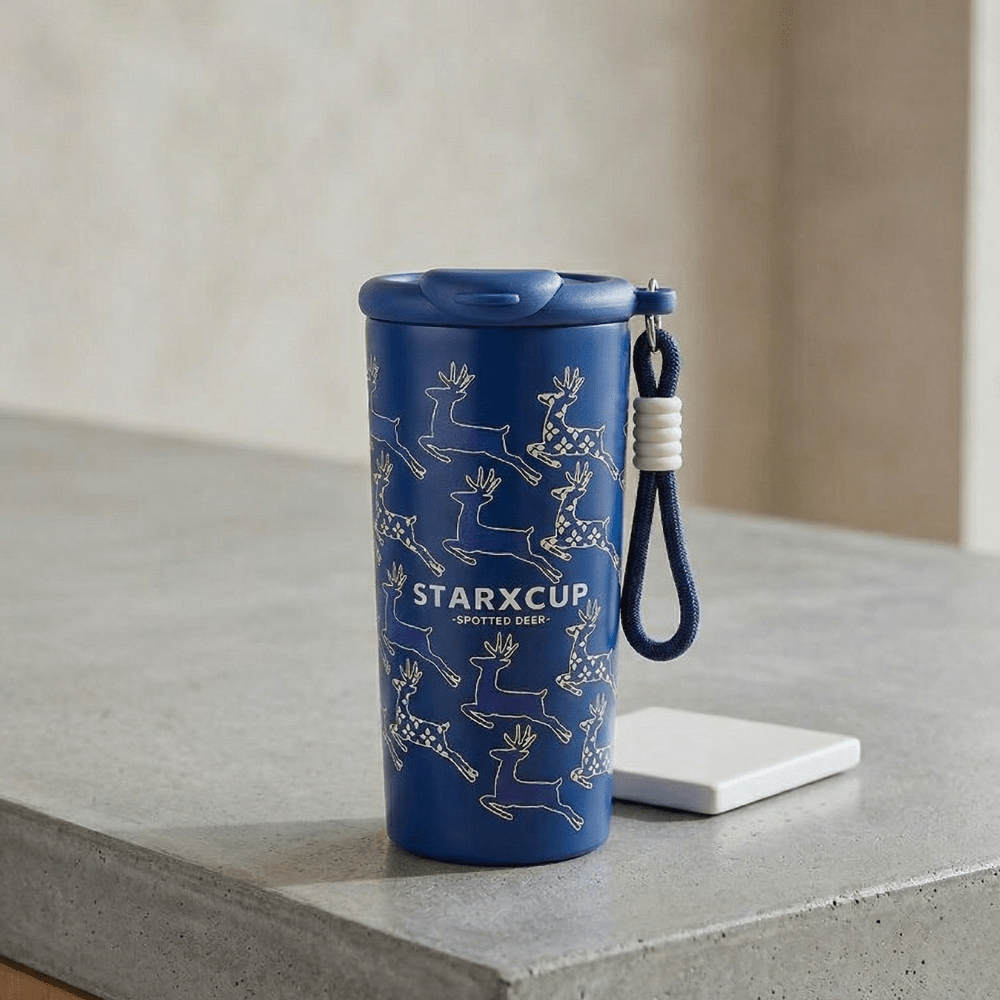 Leakproof Printed Water FlaskCartoon Kids Water BottleCrafty CuddleBlue tumbler with deer design and strap on a concrete surfaceBlueInsulatedBottle SteelWaterBottle SipperBottle LeakproofBottle TravelBottle HotColdBottle ReusableBottle DailyHydration OfficeEssentials EcoFriendlyBottle