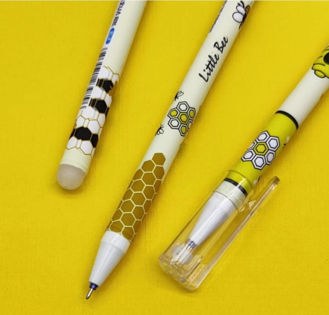 Yellow bee-themed erasable gel pen with precise 0.5 mm tip and rubber eraser—perfect for doodling or notes.