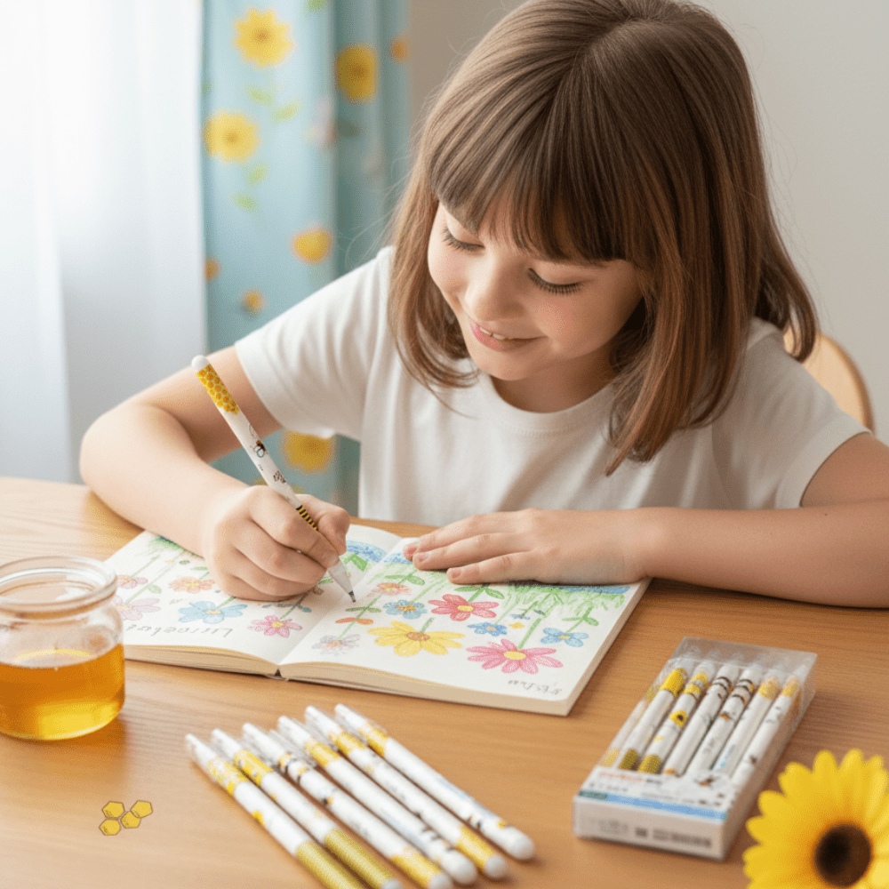 Little Bee Erasable Gel PensErasable Gel Pens, Gel Pens, Erasable Pens, Stationery Pens, Writing InstrumentsCrafty CuddleChild drawing in a notebook with colored pencils on a table.Little Bee Erasable Pens-312erasablegelpenerasablepen