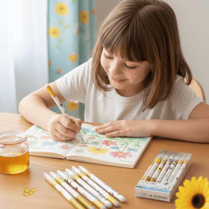Little Bee Erasable Gel PensErasable Gel Pens, Gel Pens, Erasable Pens, Stationery Pens, Writing InstrumentsCrafty CuddleChild drawing in a notebook with colored pencils on a table.Little Bee Erasable Pens-312erasablegelpenerasablepen