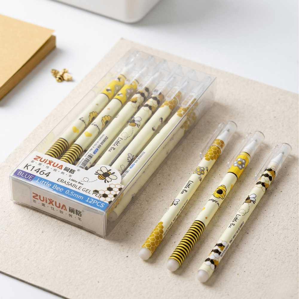 Little Bee Erasable Gel PensErasable Gel Pens, Gel Pens, Erasable Pens, Stationery Pens, Writing InstrumentsCrafty CuddleSet of ZUIXUA bee - themed gel pens with packaging on a light surfaceLittle Bee Erasable Pens-312erasablegelpenerasablepen