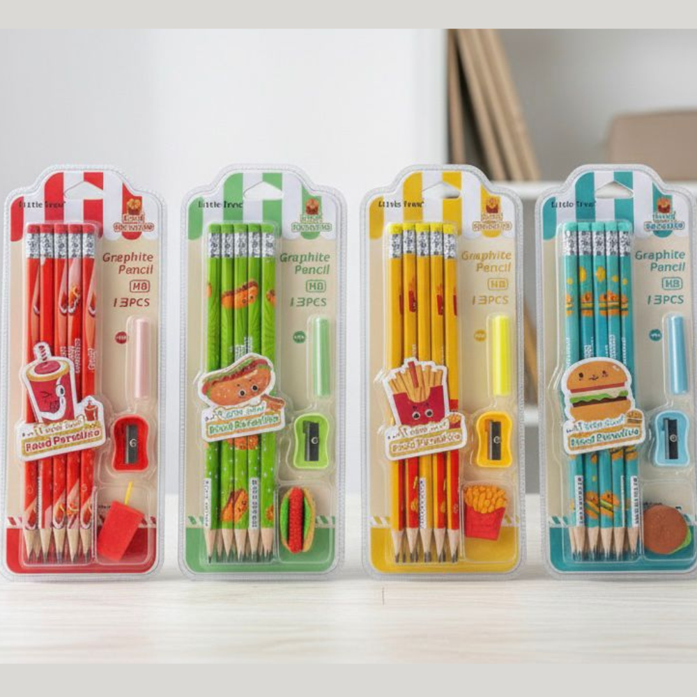 Little Tree Food Theme Pencil SetWriting PencilsCrafty CuddleFour packages of graphitt pencils with colorful packaging and cartoon character designs.BlueLittleTree KidsStationery PencilSet SchoolStationery GraphitePencils CuteStationery KidsPencilSet BackEraserPencil ReturnGiftIdeas SchoolSupplies