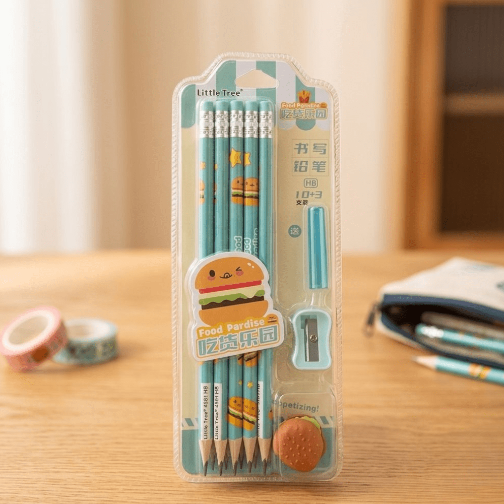 Little Tree Food Theme Pencil SetWriting PencilsCrafty CuddlePack of pencils with a cute design on a wooden surfaceBlueLittleTree KidsStationery PencilSet SchoolStationery GraphitePencils CuteStationery KidsPencilSet BackEraserPencil ReturnGiftIdeas SchoolSupplies