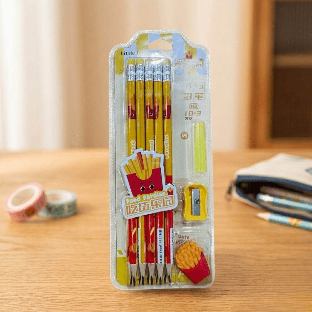 Little Tree Food Theme Pencil SetWriting PencilsCrafty CuddlePackaged pencils with cartoon French fry design on a wooden surfaceYellowLittleTree KidsStationery PencilSet SchoolStationery GraphitePencils CuteStationery KidsPencilSet BackEraserPencil ReturnGiftIdeas SchoolSupplies