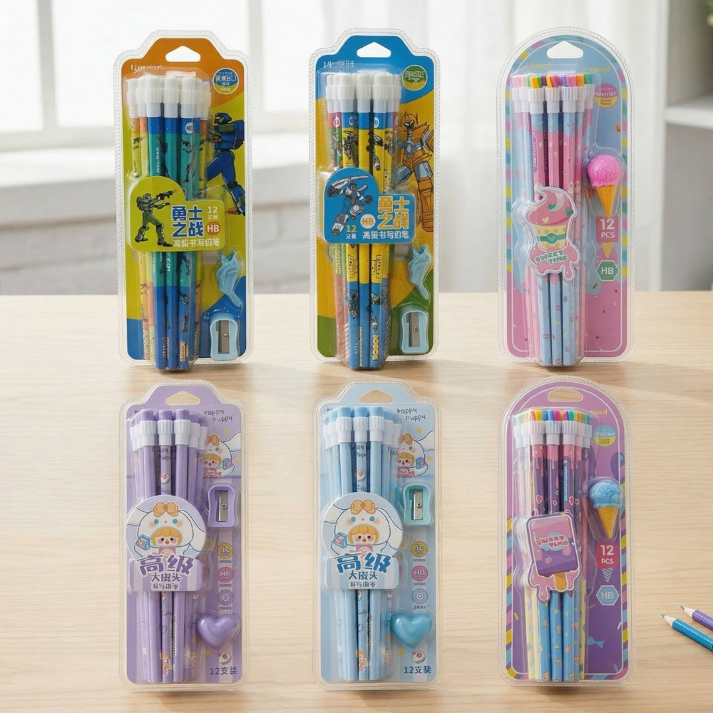 Little Tree HB Pencil SetWriting PencilsCrafty CuddleSix packages of pencils with cartoon characters on a wooden surfacePurple Bunny